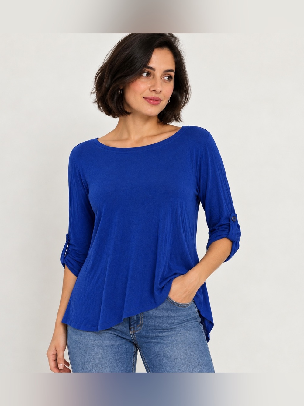NWT Cable & Gauge Women’s Blue Boat Neck Roll Tab Sleeve High Low Top Size L